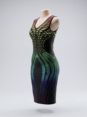 Black V-Neck Bodycon Dress with Rainbow Gradient Pattern